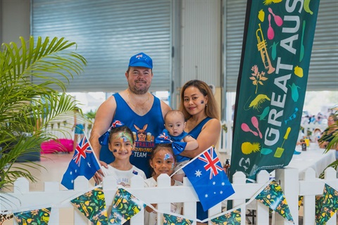 Australia Day Celebrations 2024 with family dressed in Australia Flags and smiling for the camera